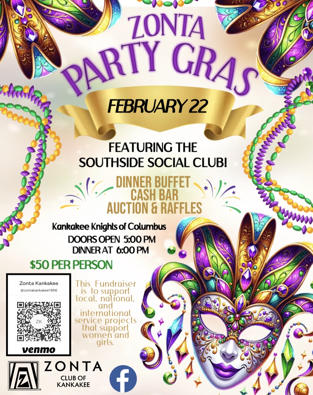 Join the Zonta Club of Kankakee for their Third Annual Spectacular Party Gras Celebration!